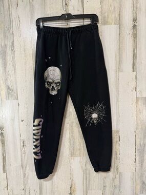 Black Skull & Spiderweb Graphic Joggers with Drawstring Waist
